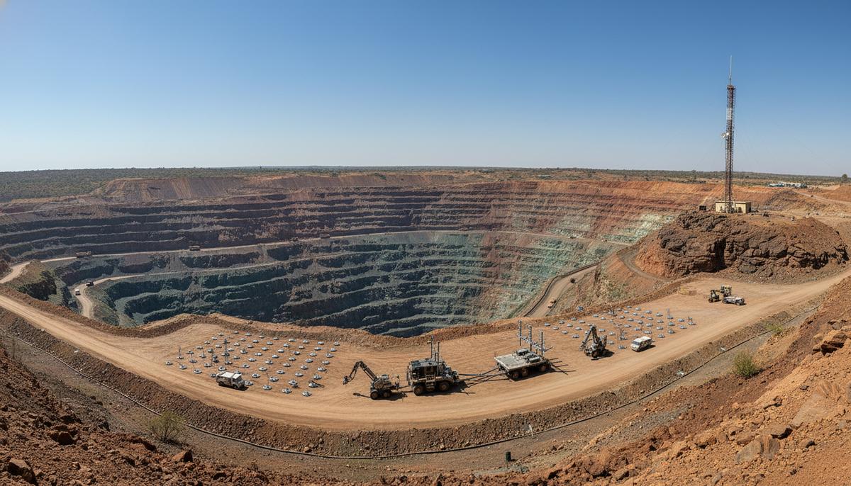 Партнерство CopperTech Metals ускорит геологоразведку на медном месторождении Konkola Панорамный вид на крупный медный карьер в Замбии с видимыми медными рудами, современной геологоразведочной аппаратурой и спутниковой антенной на скалистом выступе.