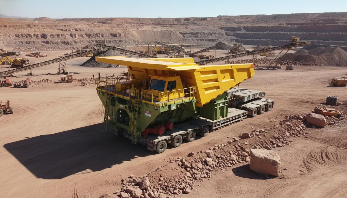 Новый кузов карьерного самосвала из зеленой стали, ярко-желтого цвета, на фоне горнодобывающего разреза.