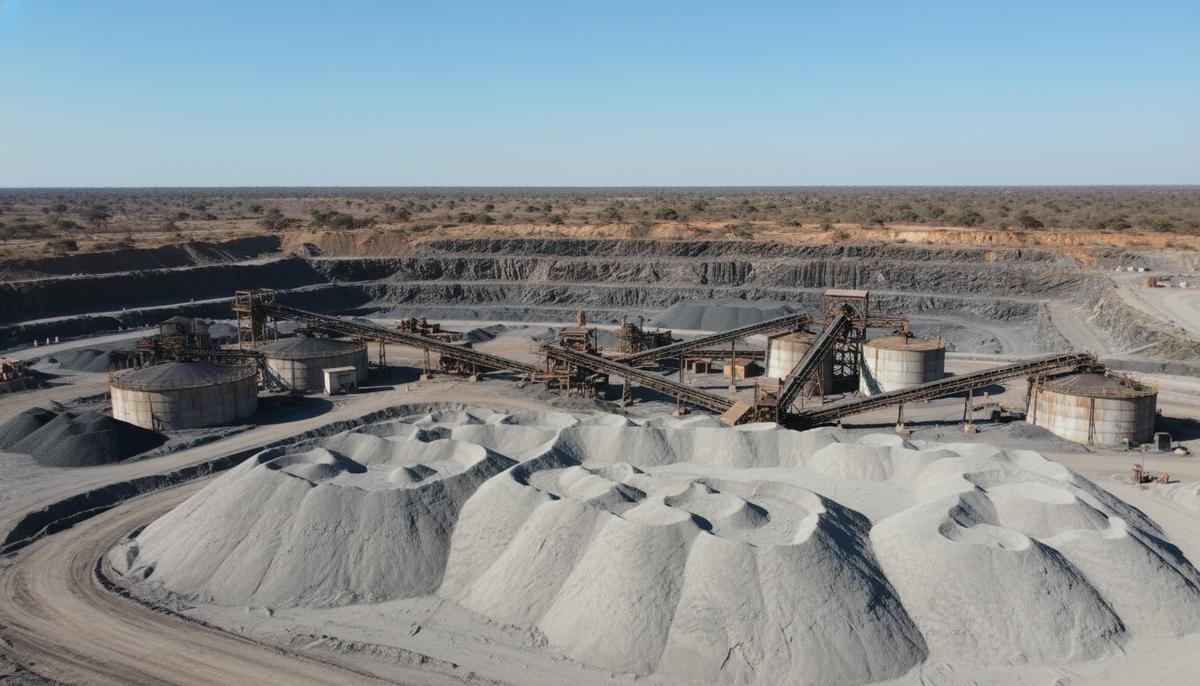 Масштабный открытый графитовый рудник в Танзании с огромными отвалами серых хвостов и промышленным оборудованием для переработки. Горный пейзаж.