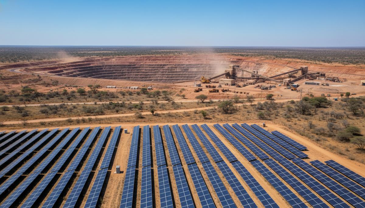 Солнечная электростанция с тысячами панелей и открытый карьер медного рудника в засушливой местности Ботсваны. Вдали видны объекты горнодобычи.