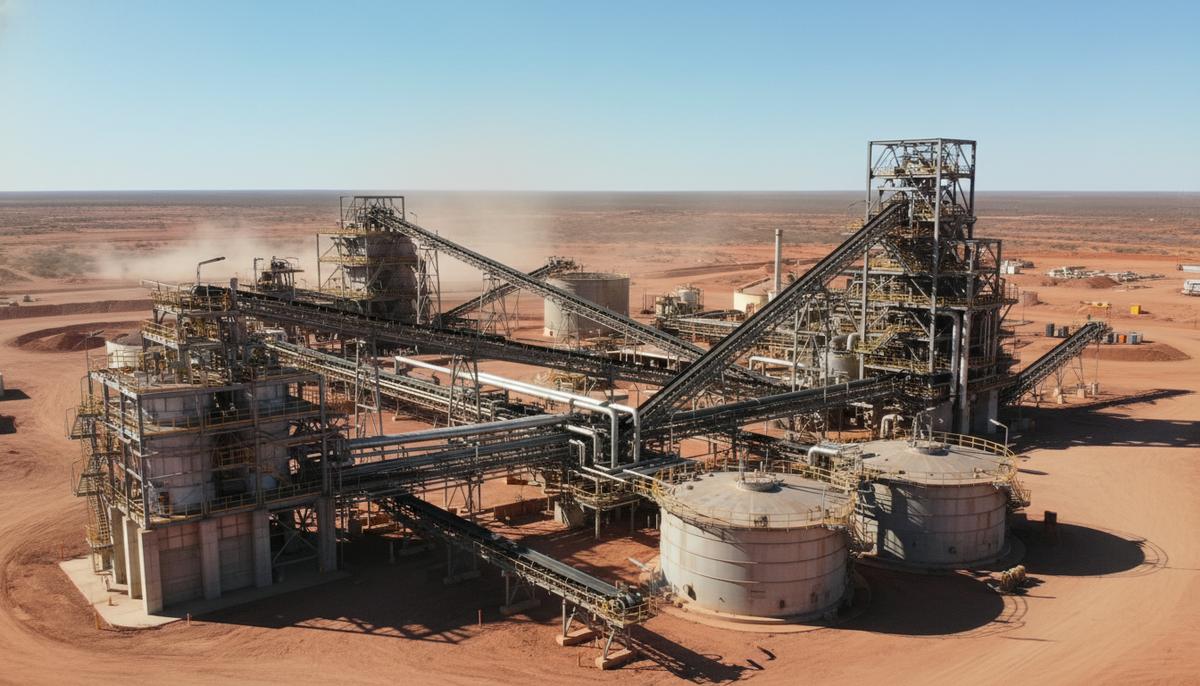 Панорамный вид на современный золотоперерабатывающий завод в Западной Австралии с конвейерами, резервуарами и промышленным оборудованием среди засушливого ландшафта.