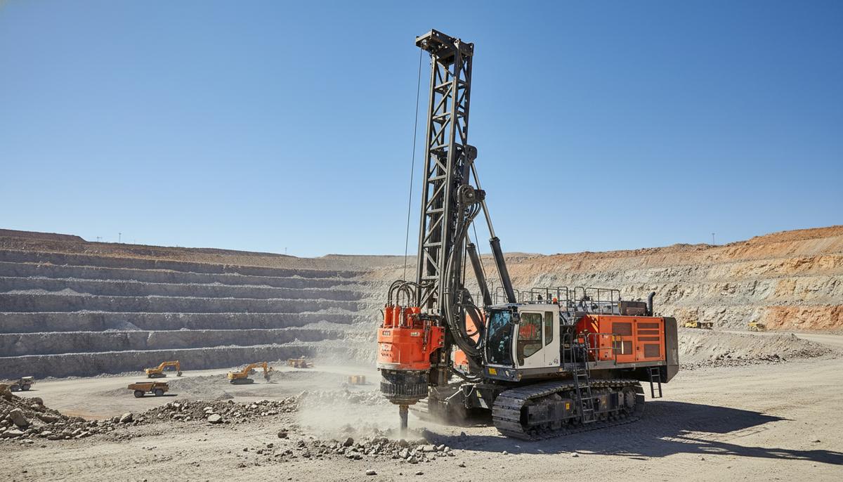 Sandvik представил высокопроизводительную буровую установку Leopard DI610i Крупная буровая установка Sandvik Leopard DI610i работает в открытом карьере, бурит породу на террасированном уступе.