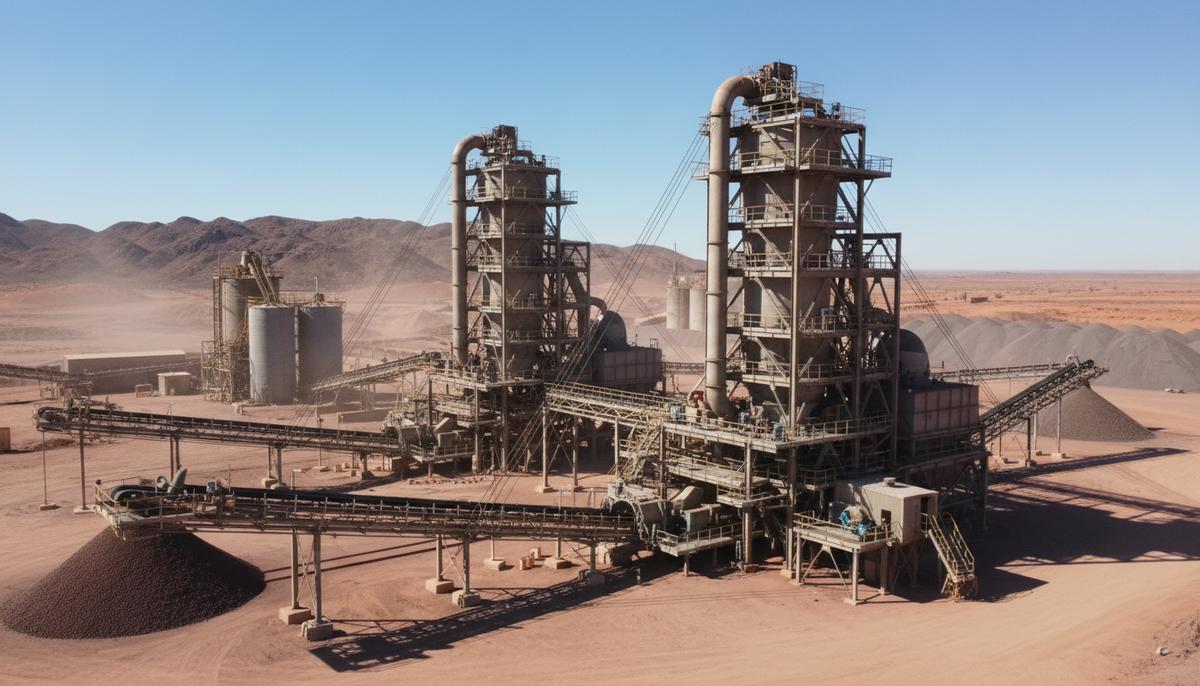 Масштабный промышленный комплекс по переработке железной руды с цехами, конвейерами и трубопроводами под открытым небом.