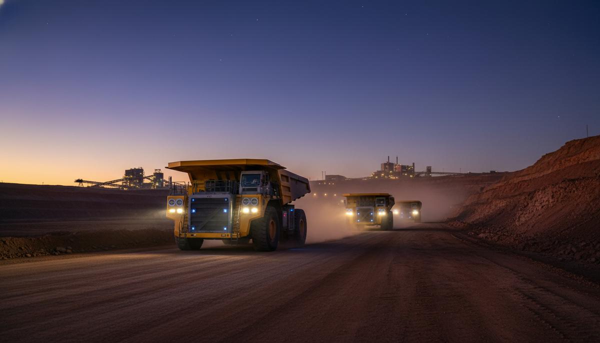 Автономный аккумуляторно-электрический самосвал в движении на рассвете по дороге открытого железорудного карьера.