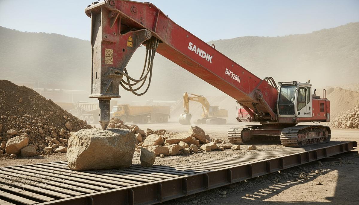 Мощный гидравлический отбойный молоток Sandvik на стреле-разрушителе у приемного бункера золотодобывающей шахты.
