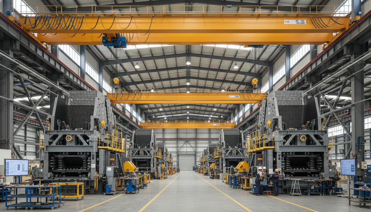 Внутренний вид промышленного цеха с массивными компонентами горнодобывающих грохотов, собираемых под мостовыми кранами. Высокие потолки, стальные конструкции, индустриальное освещение.