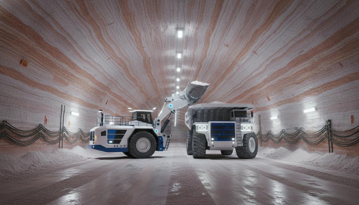 Современный аккумуляторно-электрический погрузчик Sandvik в подземной соляной шахте, загружающий соль в самосвал.