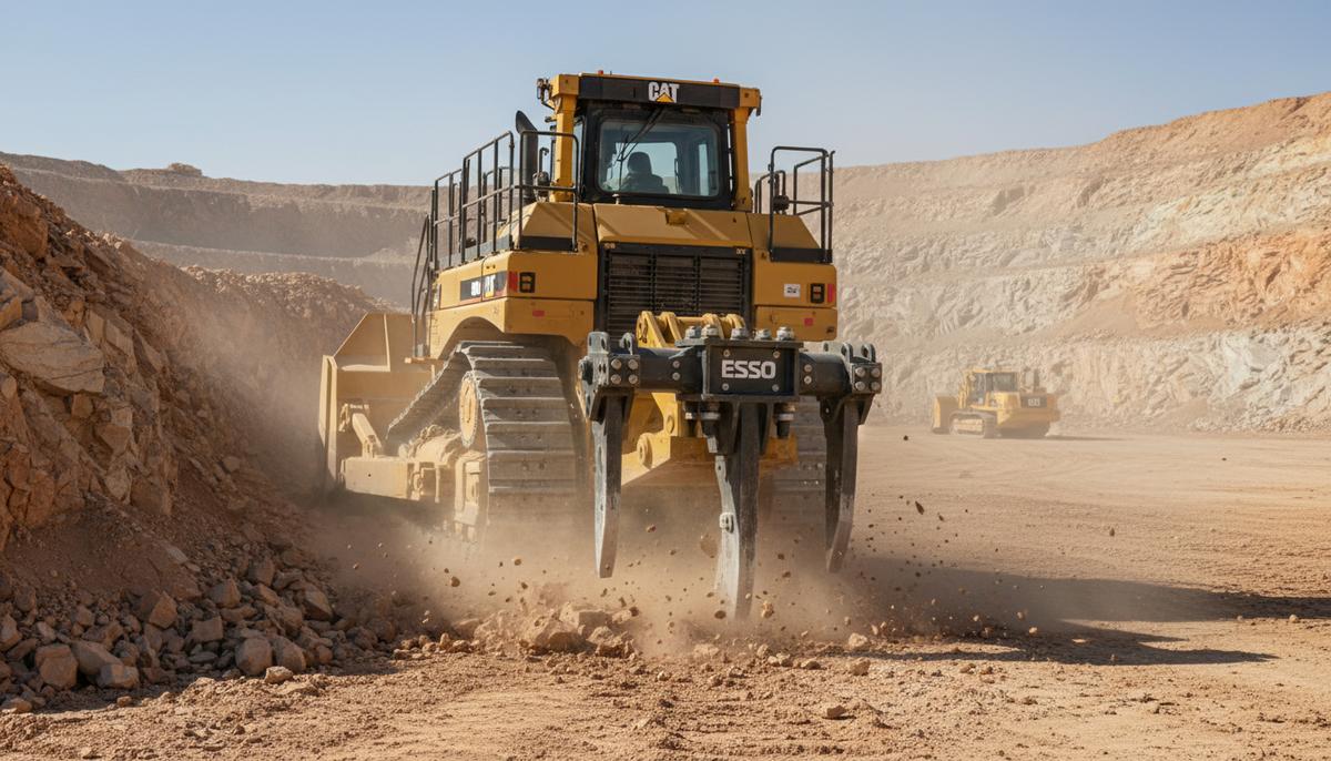 Мощный бульдозер Cat D11 с инновационной системой рыхления ESCO Nexsys в действующем горном карьере, разрушающий породу.