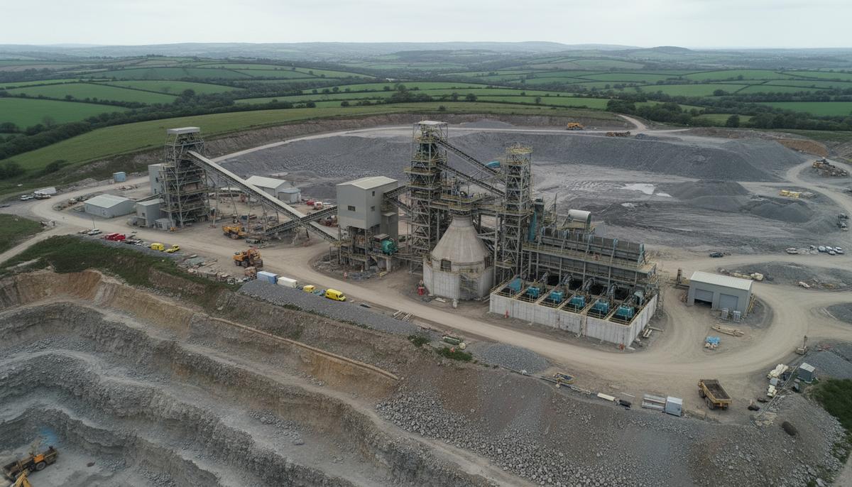 Панорамный вид горнодобывающего комплекса Хемердон в Девоне, Великобритания. Видны дробильно-сортировочные установки, обогатительная фабрика и промышленная инфраструктура.