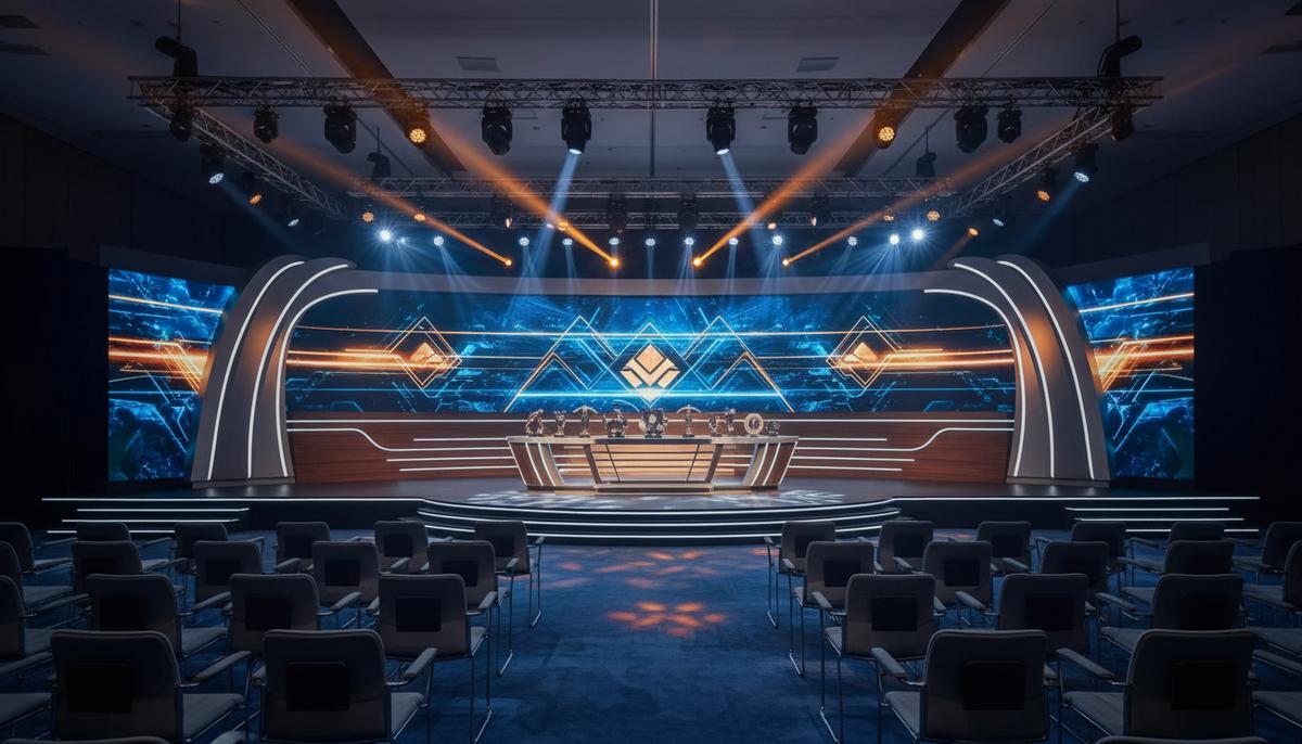 MINEXCHANGE 2026: награды за выдающиеся достижения в горнодобывающей отрасли Элегантная сцена и конференц-зал, готовые к церемонии награждения. На столе стоят награды, на экране — графика горнодобывающей промышленности.