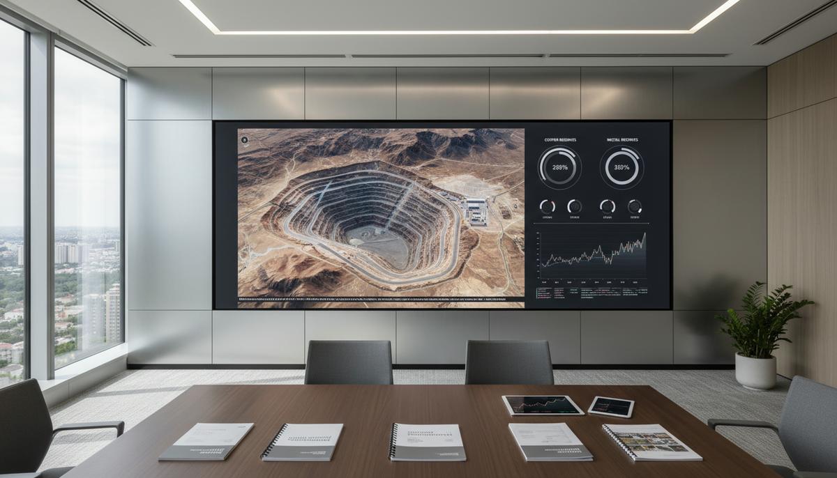 Современный офис с большим цифровым экраном, отображающим геологические карты, 3D-модель рудника и аналитику по критическим металлам.