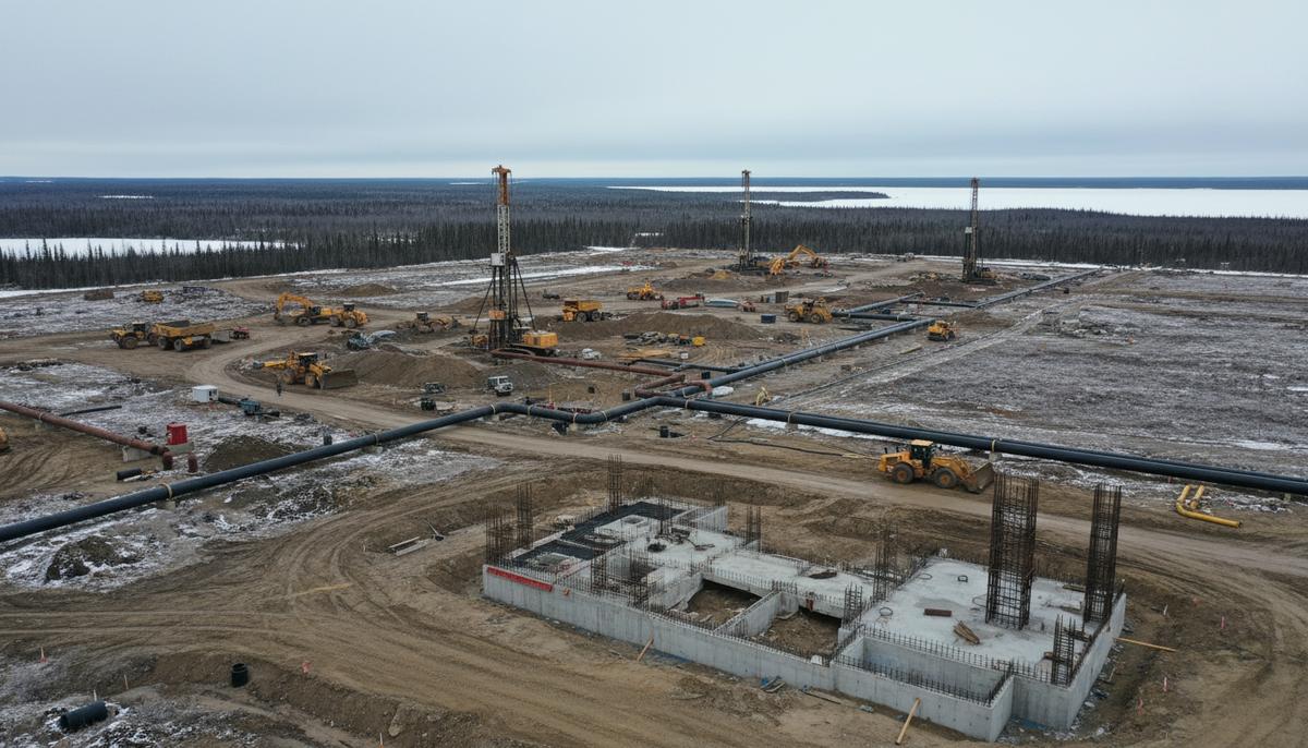 Строительство уранового рудника методом подземного выщелачивания в Саскачеване. Видны промышленные сооружения, трубы и техника на обширном ландшафте.