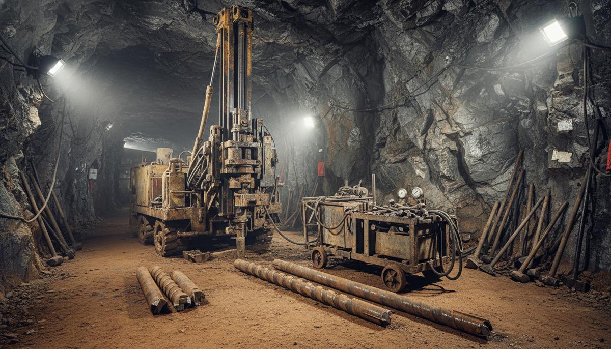 Подземная шахта, буровая установка с буровыми инструментами. Наземная мастерская, станок для заточки буровых долот и запасные коронки.