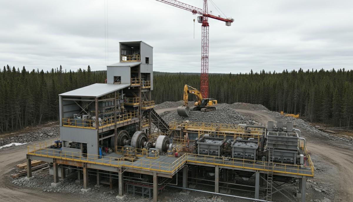 Nouveau Monde Graphite продвигает шахту Matawinie к строительству, заключая ключевые контракты Строительная площадка крупного графитового рудника Matawinie в лесистой местности Канады. Видны промышленные сооружения, обогатительная фабрика, дробильная станция и гидравлические экскаваторы.