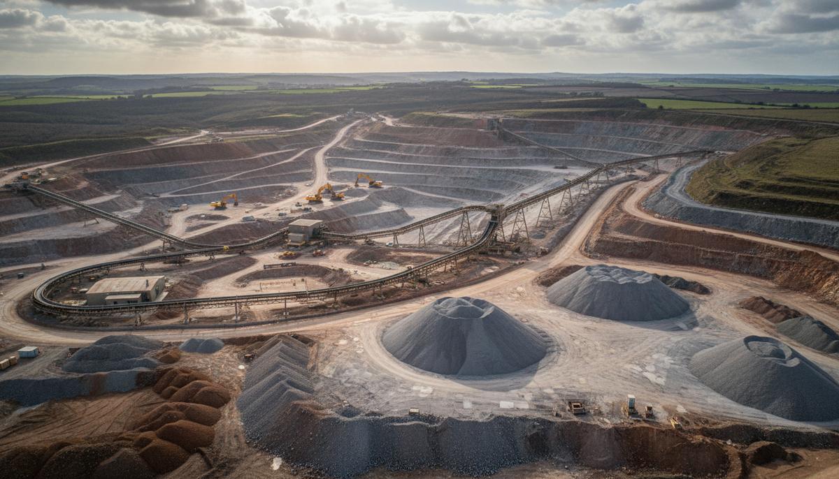 Крупные инвестиции поддержат развитие рудника Вудсмит в Северном Йоркшире Панорамный вид на крупный горнодобывающий карьер в Северном Йоркшире с мощным оборудованием и конвейерными лентами.
