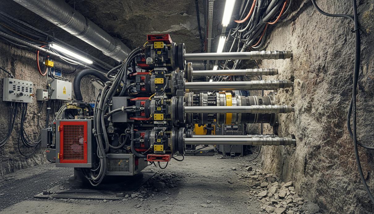 Современная буровая установка в подземной горной выработке, демонстрирующая автоматизированную подачу штанг и элементы безопасности.