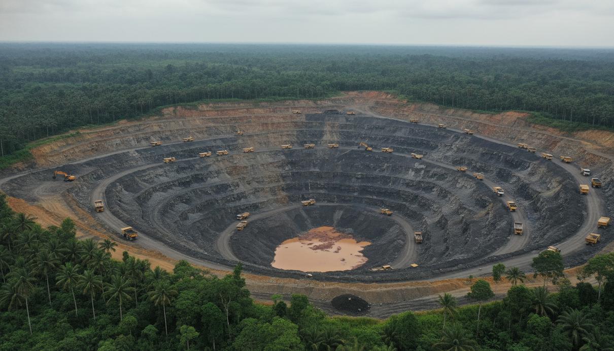 Вид с воздуха на крупный угольный карьер в Южном Калимантане. Видны экскаваторы и самосвалы на террасах, окруженный тропической растительностью.