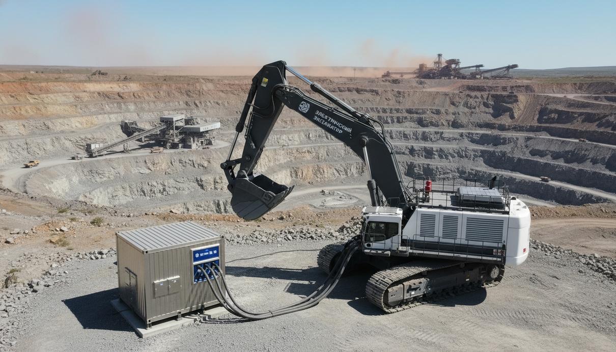 Современный электрический гидравлический экскаватор работает в большом открытом карьере. Видны элементы его электрической системы и горнодобывающая инфраструктура.