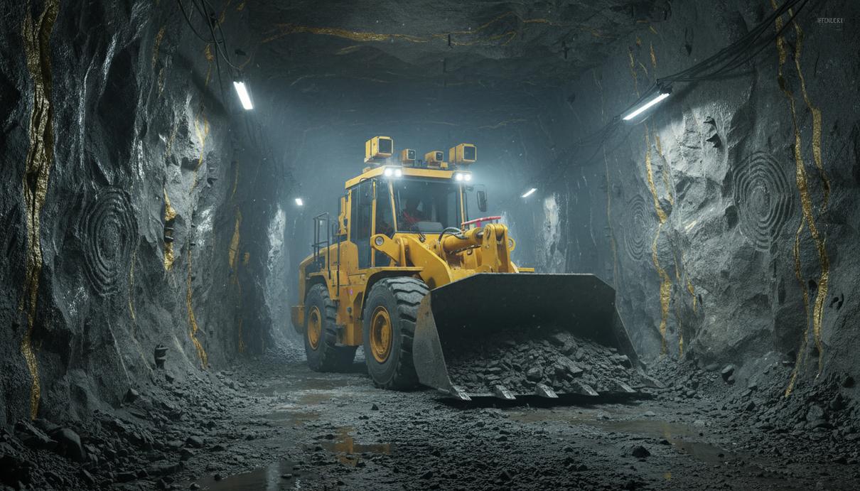 Автоматический подземный погрузчик работает в узком туннеле золотодобывающей шахты, освещенном фарами. Видны скальные стены с рудными жилами.