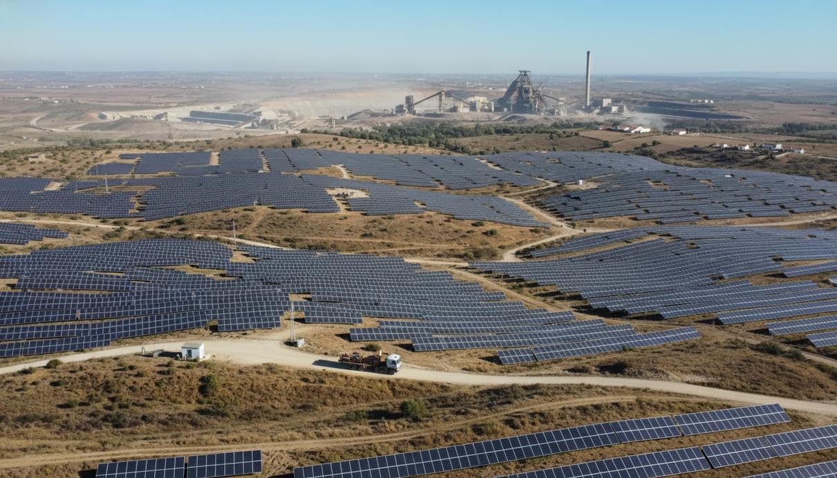 Панорамный вид на обширное поле солнечных панелей на холмистой местности в Португалии, вблизи территории горнодобывающего предприятия.