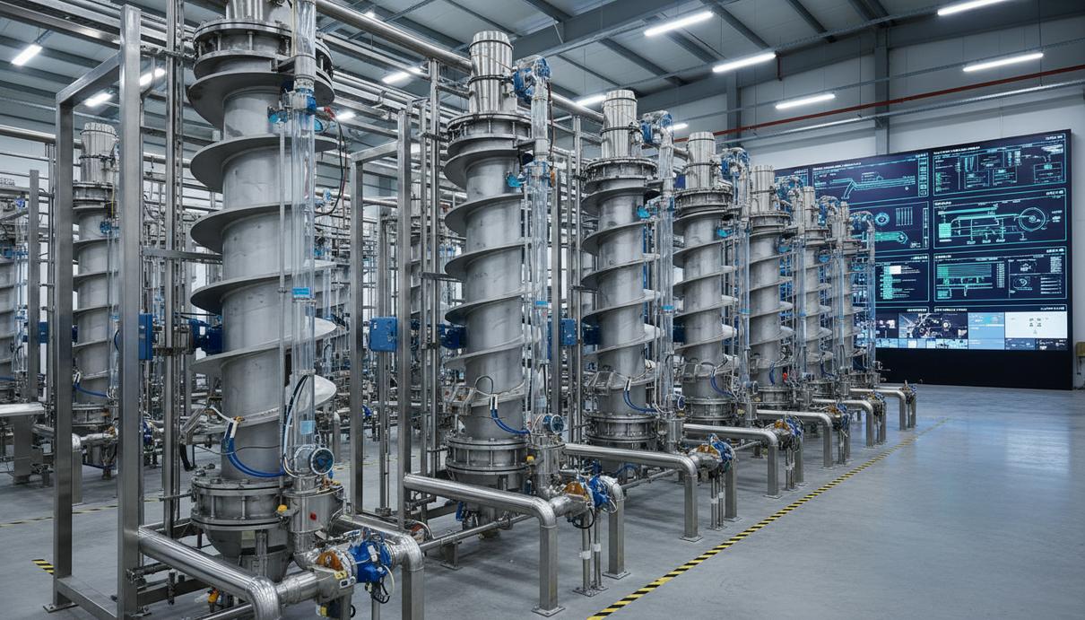 Современный цех по обогащению полезных ископаемых со спиральными сепараторами, датчиками и цифровой панелью управления.