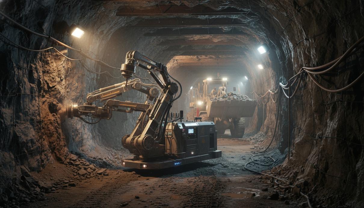 Подземный туннель с автономным горнодобывающим оборудованием, освещенный искусственным светом. Скальные стены и элементы инфраструктуры.