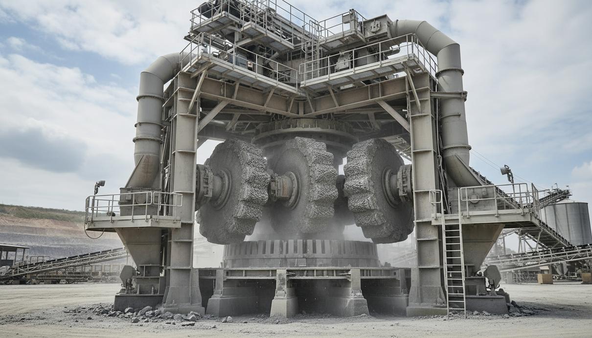 Крупный вертикальный валковый мельничный комплекс для сухого измельчения минералов в промышленной среде горнодобычи.