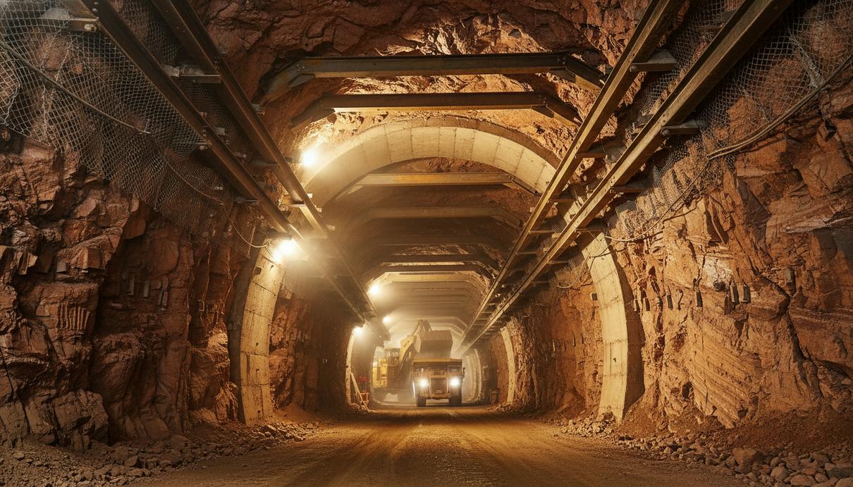 Широкий подземный туннель медного рудника Чукикамата в Чили. Видна тяжелая горнодобывающая техника и опорные конструкции в глубокой выработке.