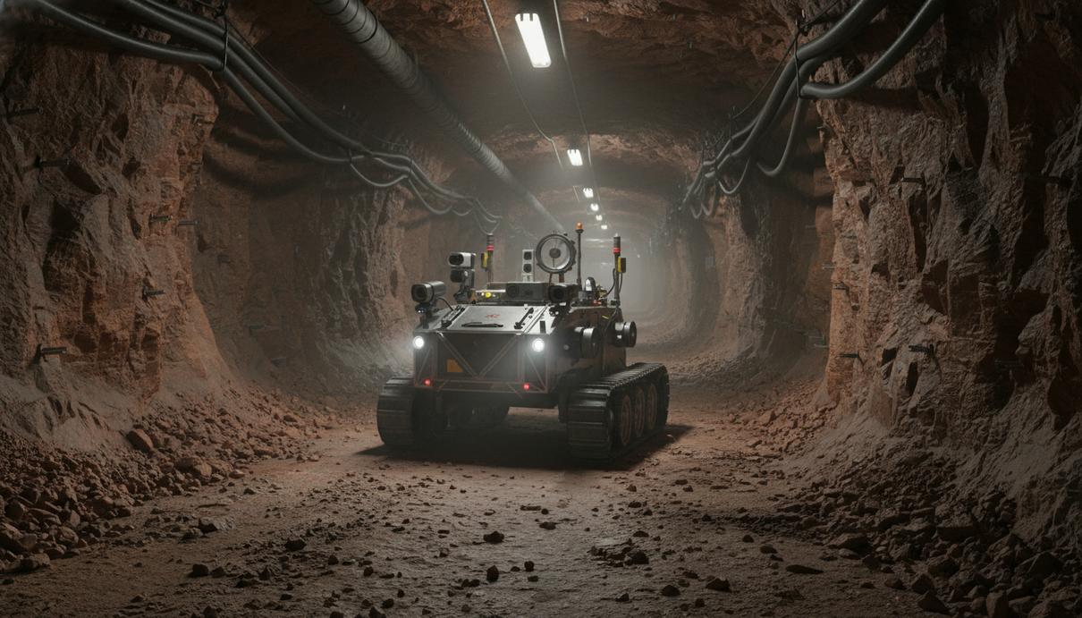 Робот Arkytas MU-2.1 исследует новый, неподкрепленный туннель внутри медной шахты, собирая данные со скальных стен.