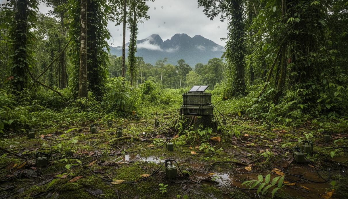 Оборудование для геофизической разведки, сейсмические датчики в густых джунглях, указывающие на передовые технологии.