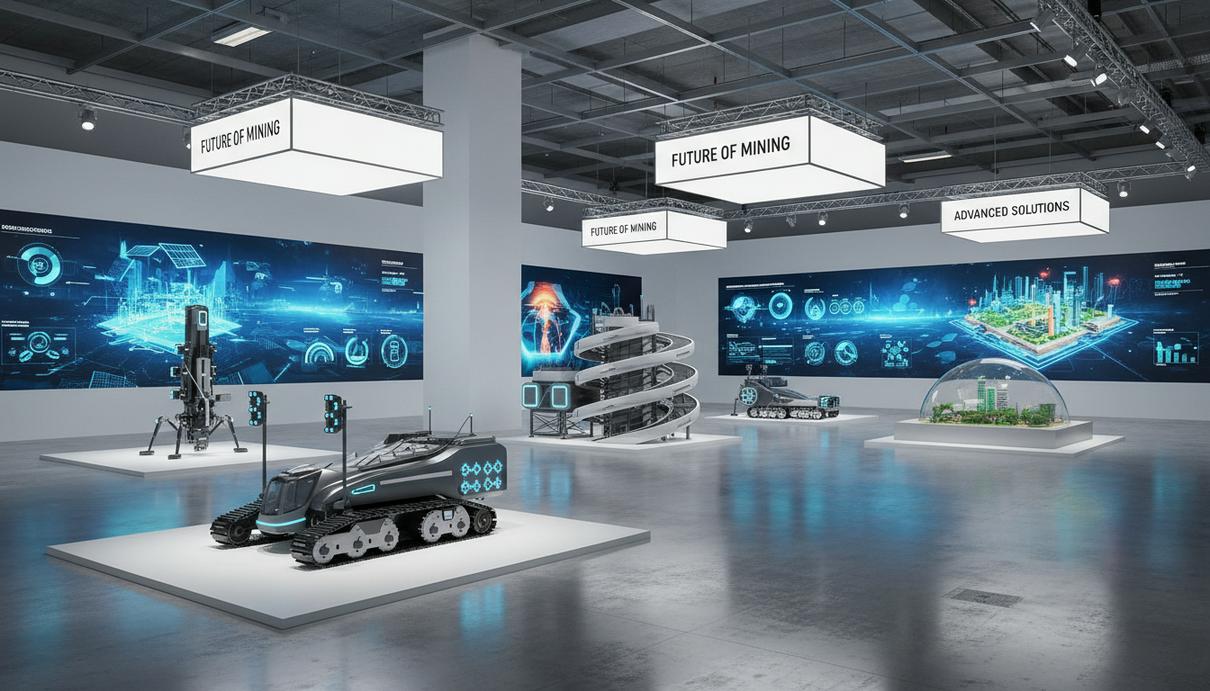 Современный выставочный зал с инновационными технологиями для горнодобывающей отрасли, интерактивными дисплеями и масштабными моделями оборудования.