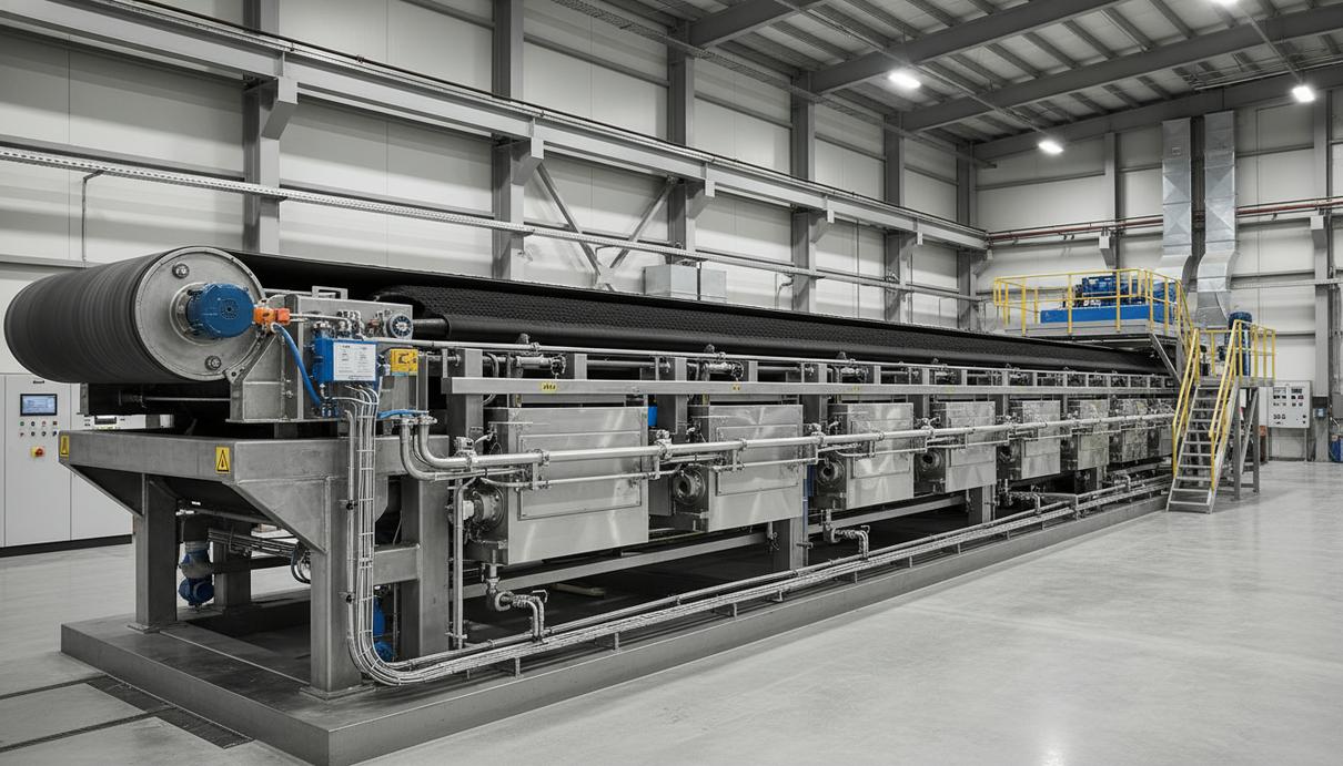 Крупный горизонтальный ленточный фильтр DELKOR в цеху угольного обогащения. Металлические конструкции, широкая фильтровальная лента, вакуумные и воздушные камеры, трубопроводы, чистое индустриальное окружение.