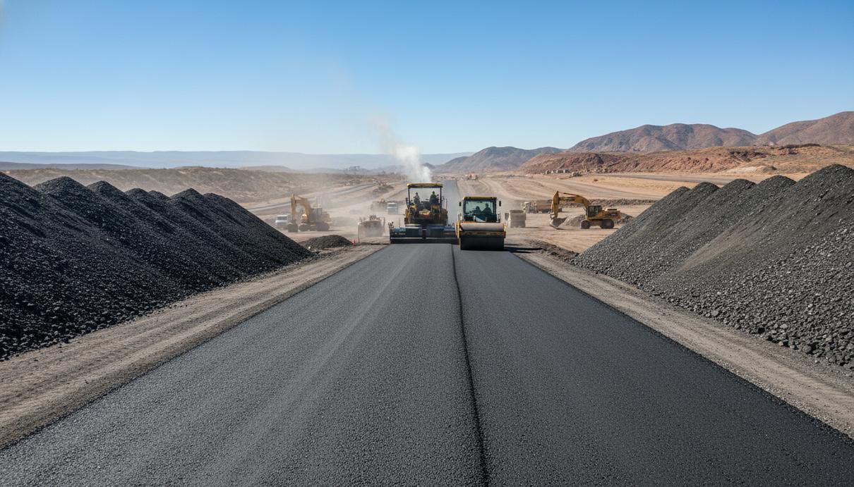 Кучи обработанного медного шлака, используемого для строительства дорог и инфраструктуры. На заднем плане видна дорожная спецтехника.