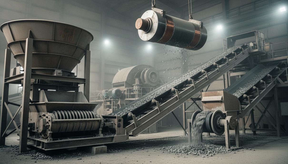 Промышленный участок обогатительной фабрики с конвейерной лентой, крупным электромагнитным сепаратором и бункером над вибропитателем. Оборудование для горнодобычи.