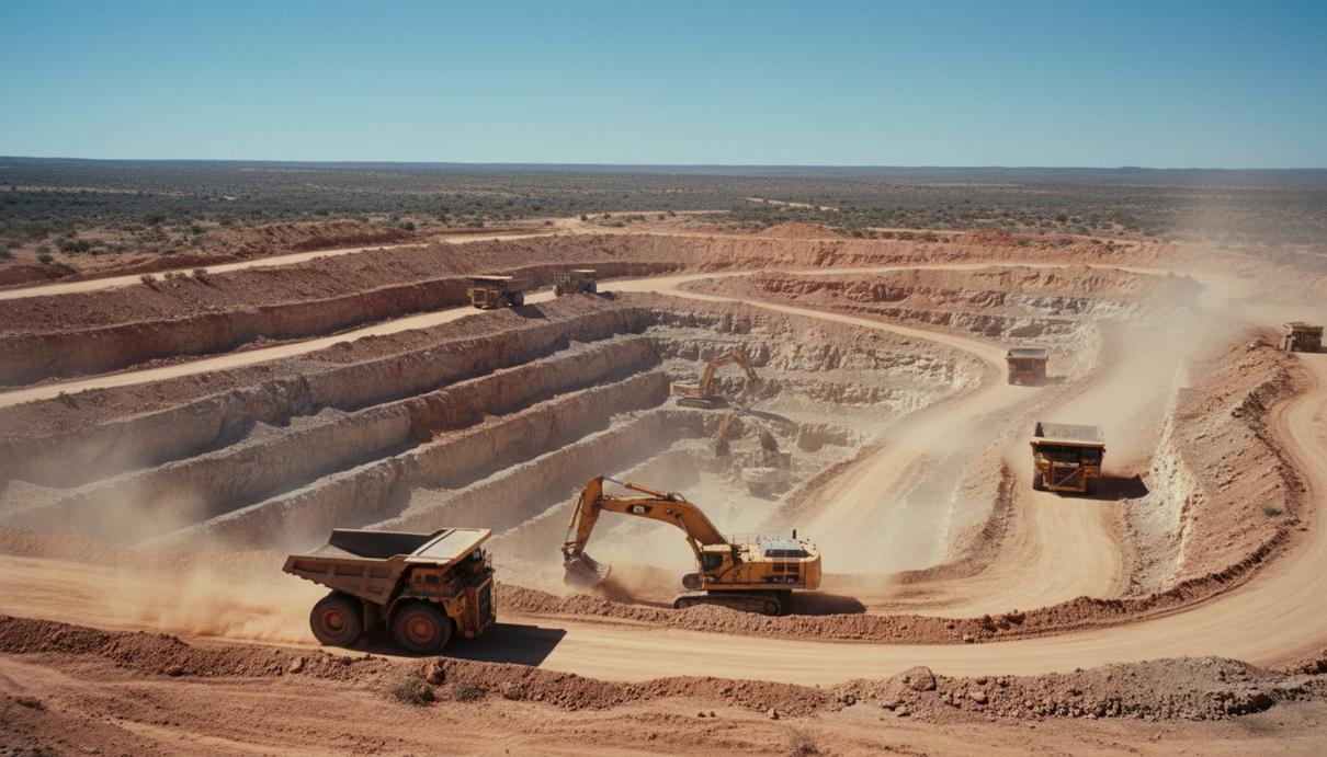 Вид на крупный открытый золоторудный карьер с работающими гидравлическими экскаваторами и самосвалами на фоне засушливого ландшафта Западной Австралии.