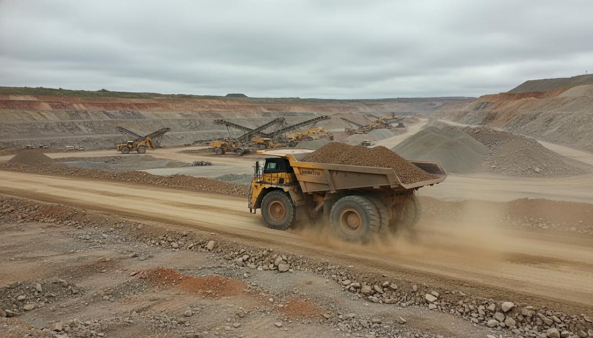 Сочлененный самосвал Komatsu HM460-6 перевозит горную породу по грунтовой дороге в карьере. Видны пыль и неровный рельеф.