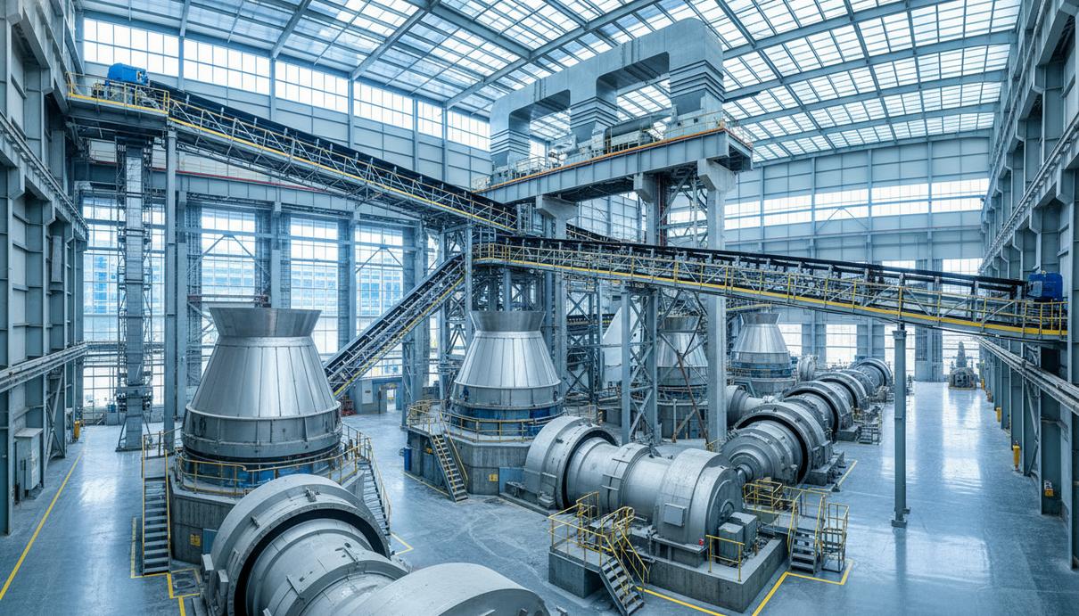 Современное оборудование для переработки минералов на крупном горнодобывающем предприятии, включающее дробилки, конвейеры и промышленные сооружения.