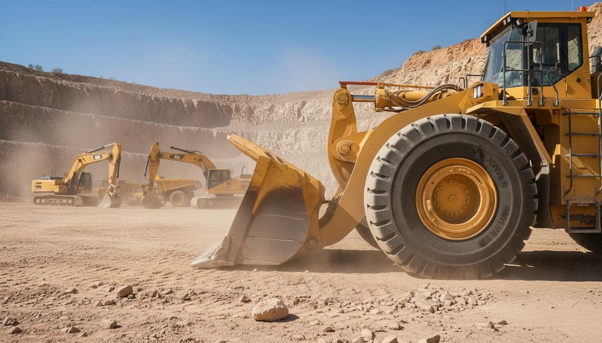 Крупный план шины Michelin XHA3, установленной на массивном колесе погрузчика или грейдера на фоне горнодобывающего карьера.