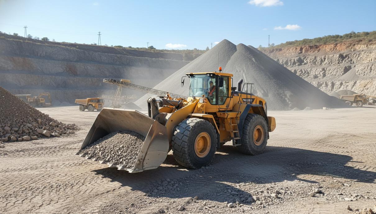 Большой желтый колесный погрузчик Volvo на фоне карьера с грудами щебня и скалистой породой.