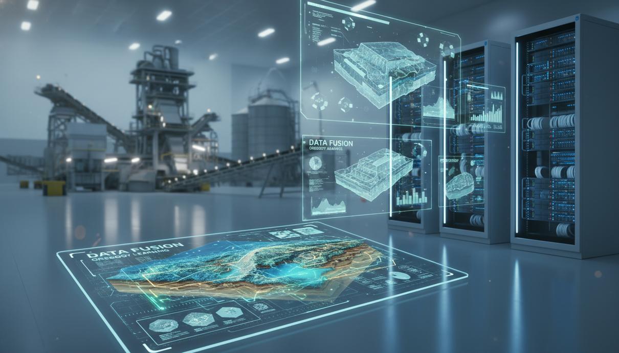 Цифровая визуализация рудного тела с данными анализа на экране компьютера. Высокотехнологичное оборудование для обработки данных в горнодобывающей промышленности. Геологические модели и графики на мониторах.