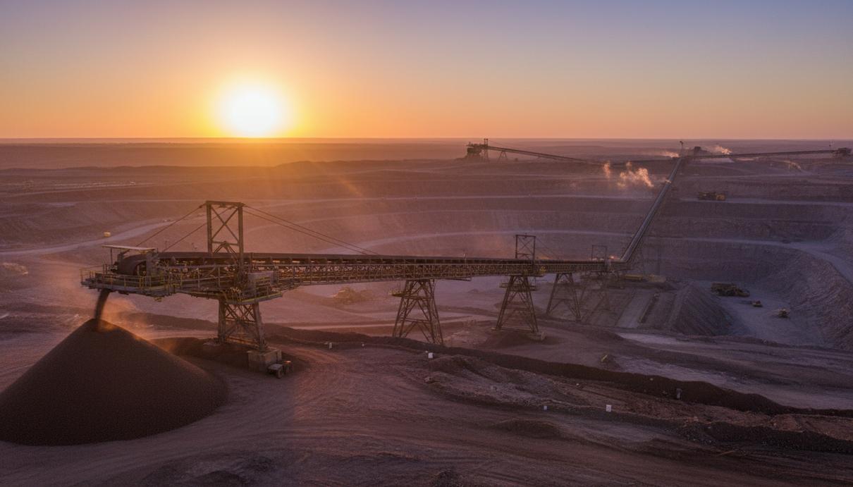 Современная конвейерная система в открытом горном карьере, транспортирующая руду.