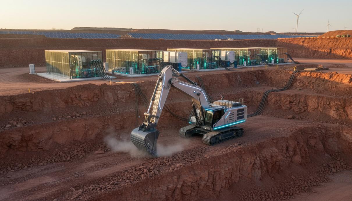 Современный электрический гидравлический экскаватор на фоне карьера с элементами зарядной инфраструктуры для аккумуляторов.