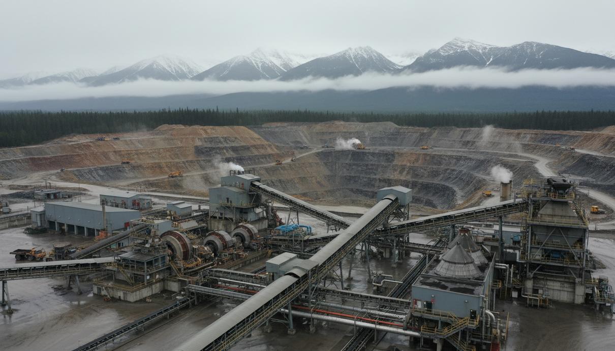 Масштабный карьер и золотоперерабатывающий завод в Британской Колумбии. Видны дробильные комплексы, мельницы и конвейеры на фоне гор и лесов.