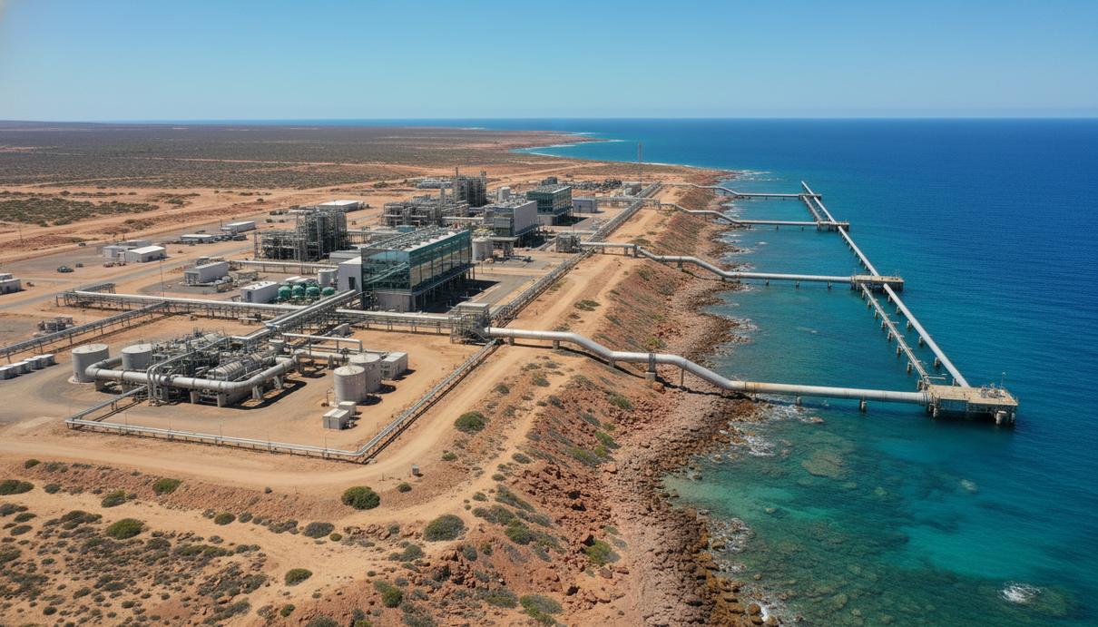 Масштабный комплекс опреснительной установки на побережье в засушливом регионе, с промышленными трубами и сооружениями.