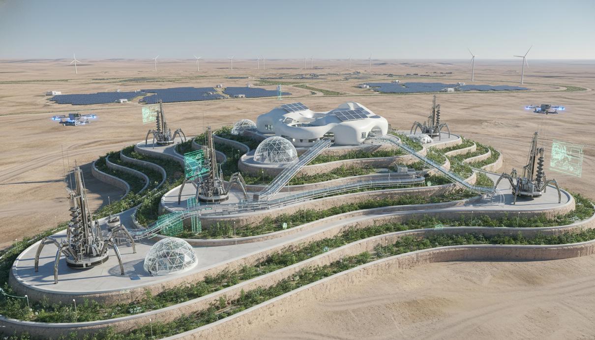 Вид на современный карьер для добычи критически важных минералов. Автоматизированные буровые установки и передовое геологическое оборудование на террасах.