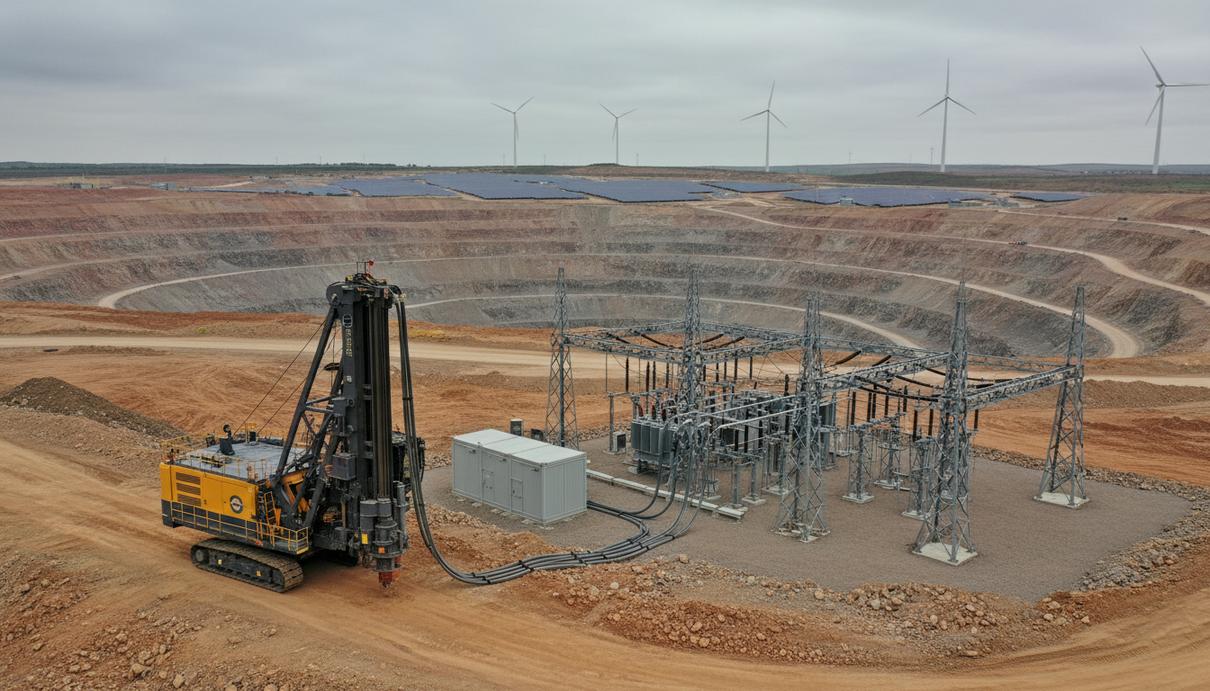 Крупный открытый карьер с электрической буровой установкой, подключенной к сложной системе высоковольтных линий электропередачи и подстанций. На заднем плане видны элементы возобновляемой энергетики. Индустриальный пейзаж.
