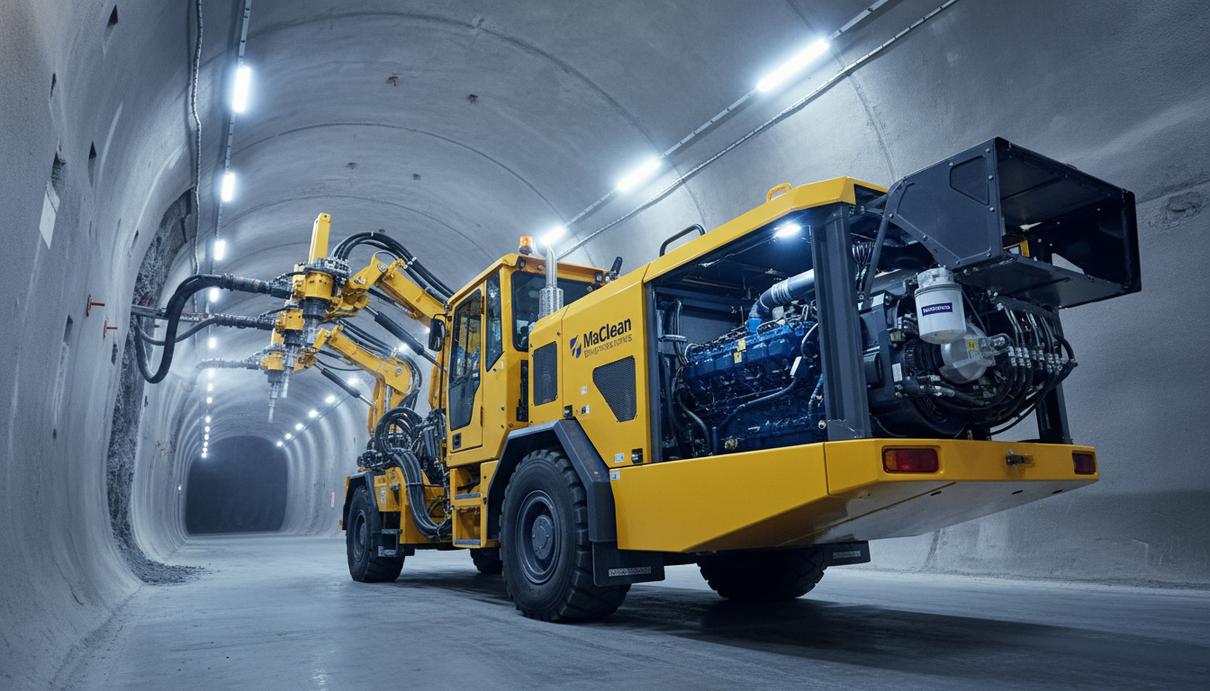 Мощная современная горнодобывающая машина в хорошо освещенном подземном туннеле. Виден отсек с двигателем, детали оборудования.