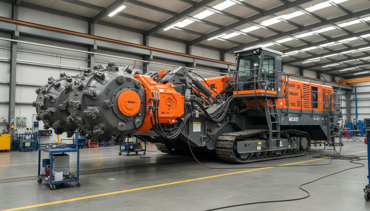 Крупный план проходческого комбайна Sandvik MC431 с мощными режущими органами и гидравлическими узлами на заводском полу.
