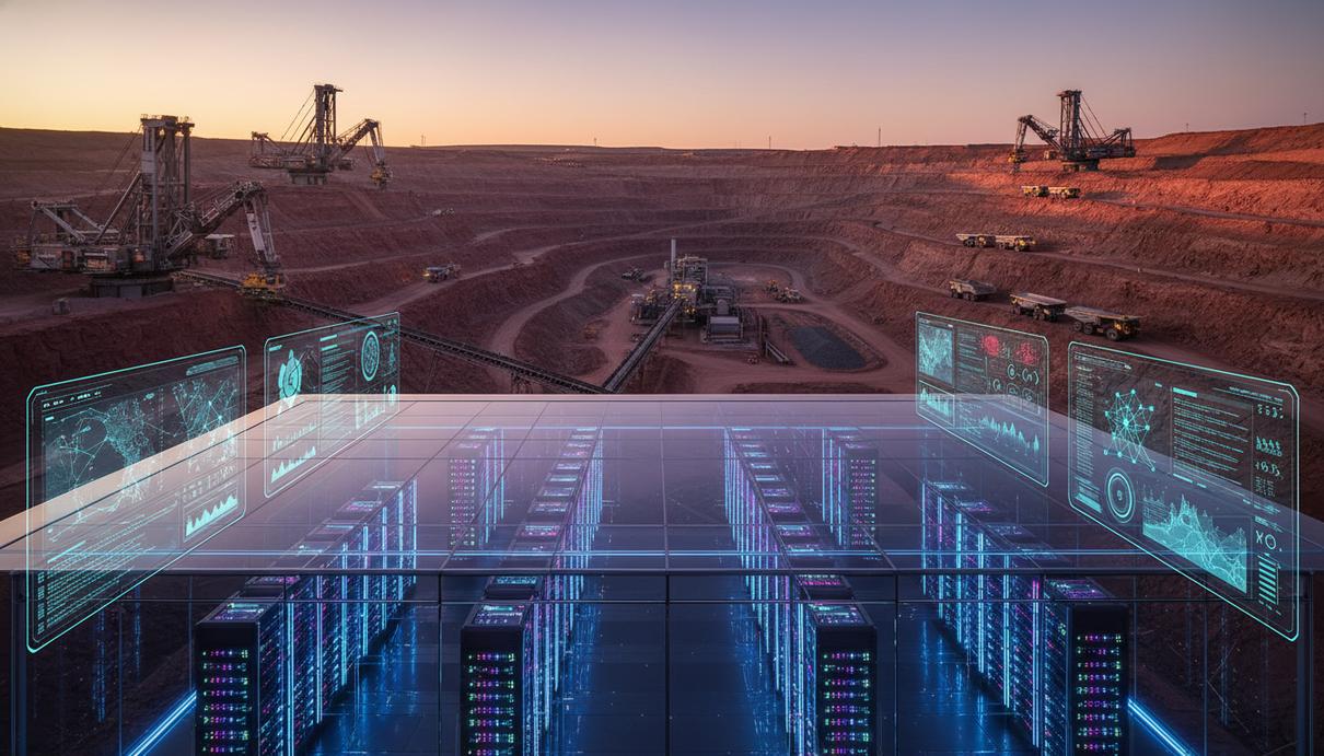 Панорамный вид современного открытого карьера на рассвете с автономной горнодобывающей техникой и центром обработки данных.