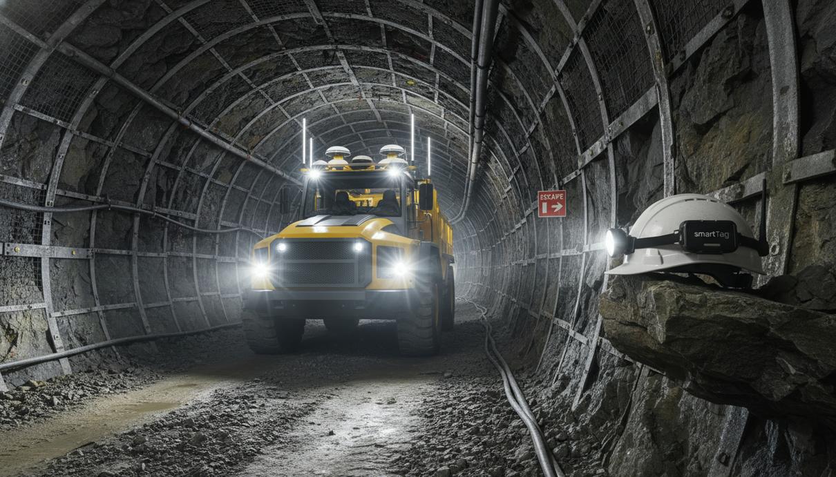 Подземный горнодобывающий туннель с крупным оборудованием и элементами V2X-системы, обеспечивающей безопасность персонала.